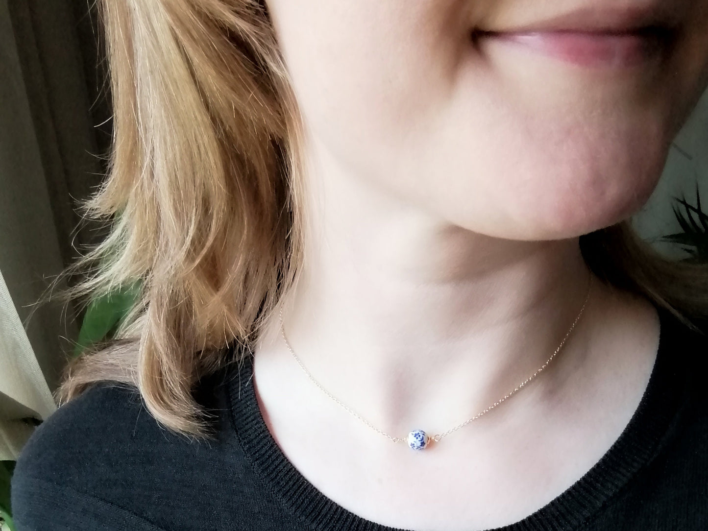 Blue porcelain chain necklace – dainty gold jewelry for everyday wear