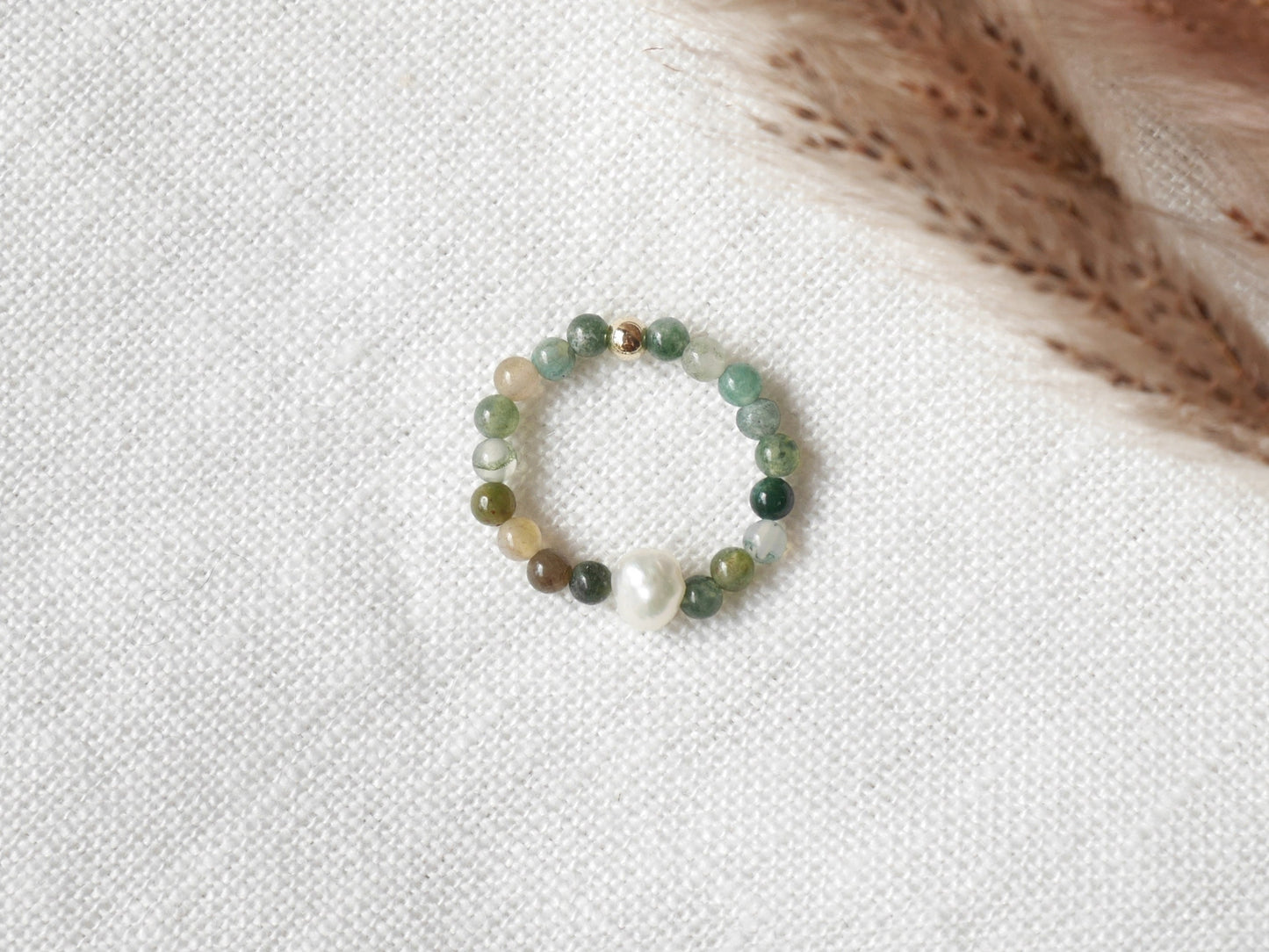 Agate stone ring | Dainty beaded jewelry | Elastic stretch ring with small stone beads | Cute ring gift for woman in green neutral colors