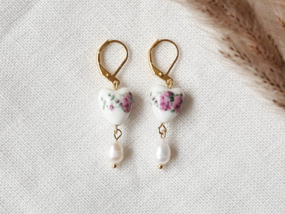 Porcelain rose heart earrings | Ceramic earrings | Porcelain pearl drop earrings | Rose pearl earrings | Romantic lever-back dangle earrings