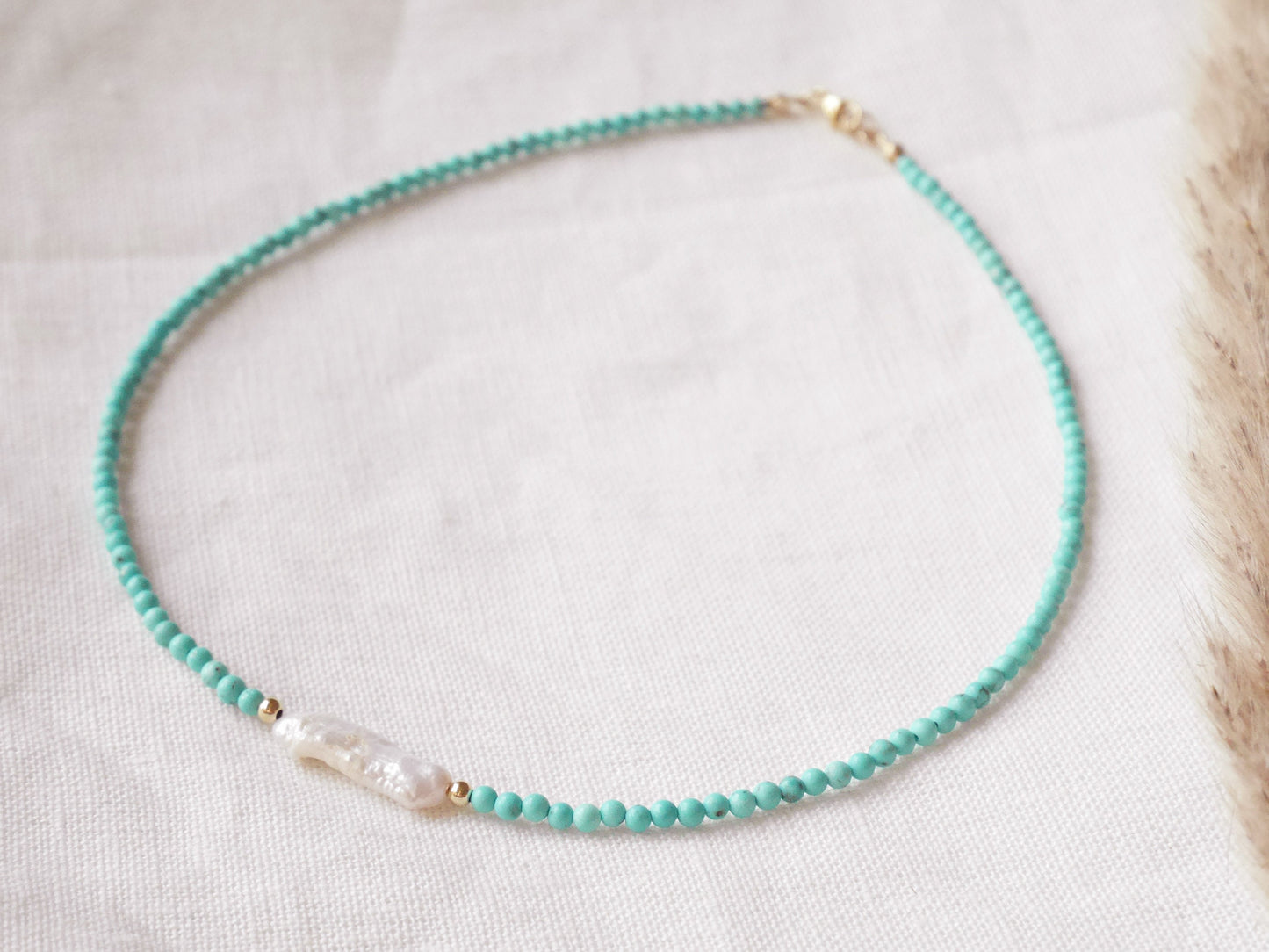 Turquoise long pearl necklace | Turquoise stone gold necklace | Small stone beads choker with freshwater pearl | Beaded turquoise jewelry