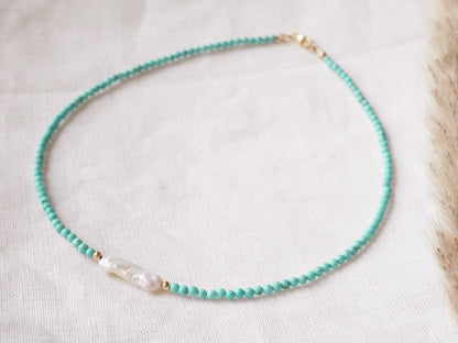 Turquoise long pearl necklace | Turquoise stone gold necklace | Small stone beads choker with freshwater pearl | Beaded turquoise jewelry