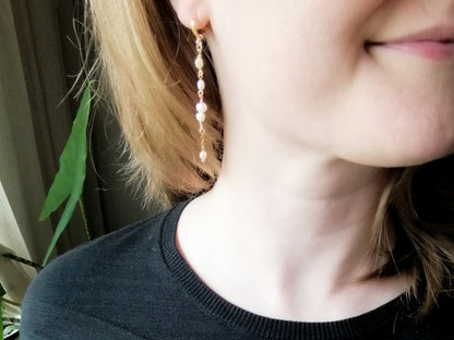 Long pearl drop earrings – dainty bridal freshwater pearl dangle in gold