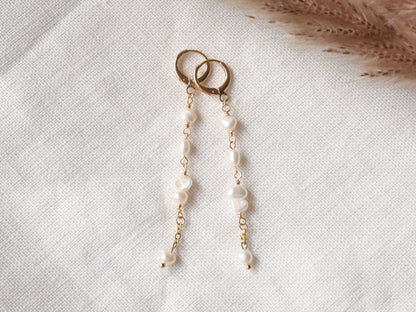Long pearl drop earrings – dainty bridal freshwater pearl dangle in gold