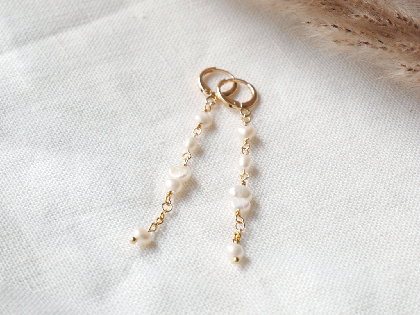Long pearl drop earrings – dainty bridal freshwater pearl dangle in gold