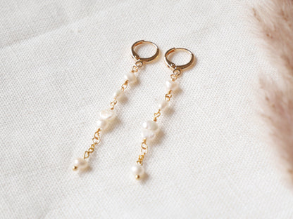 Long pearl drop earrings – dainty bridal freshwater pearl dangle in gold