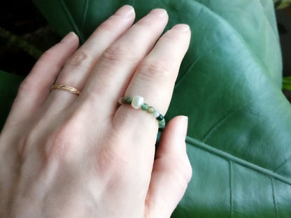 Agate stone ring | Dainty beaded jewelry | Elastic stretch ring with small stone beads | Cute ring gift for woman in green neutral colors