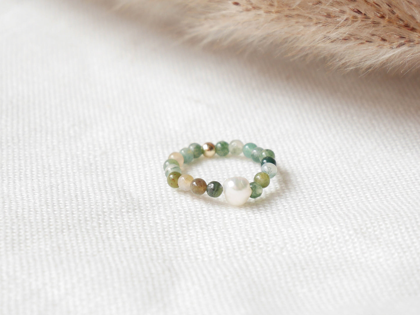 Agate stone ring | Dainty beaded jewelry | Elastic stretch ring with small stone beads | Cute ring gift for woman in green neutral colors