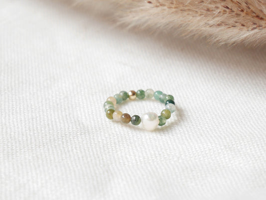 Agate stone ring | Dainty beaded jewelry | Elastic stretch ring with small stone beads | Cute ring gift for woman in green neutral colors