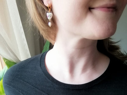Porcelain rose heart earrings | Ceramic earrings | Porcelain pearl drop earrings | Rose pearl earrings | Romantic lever-back dangle earrings