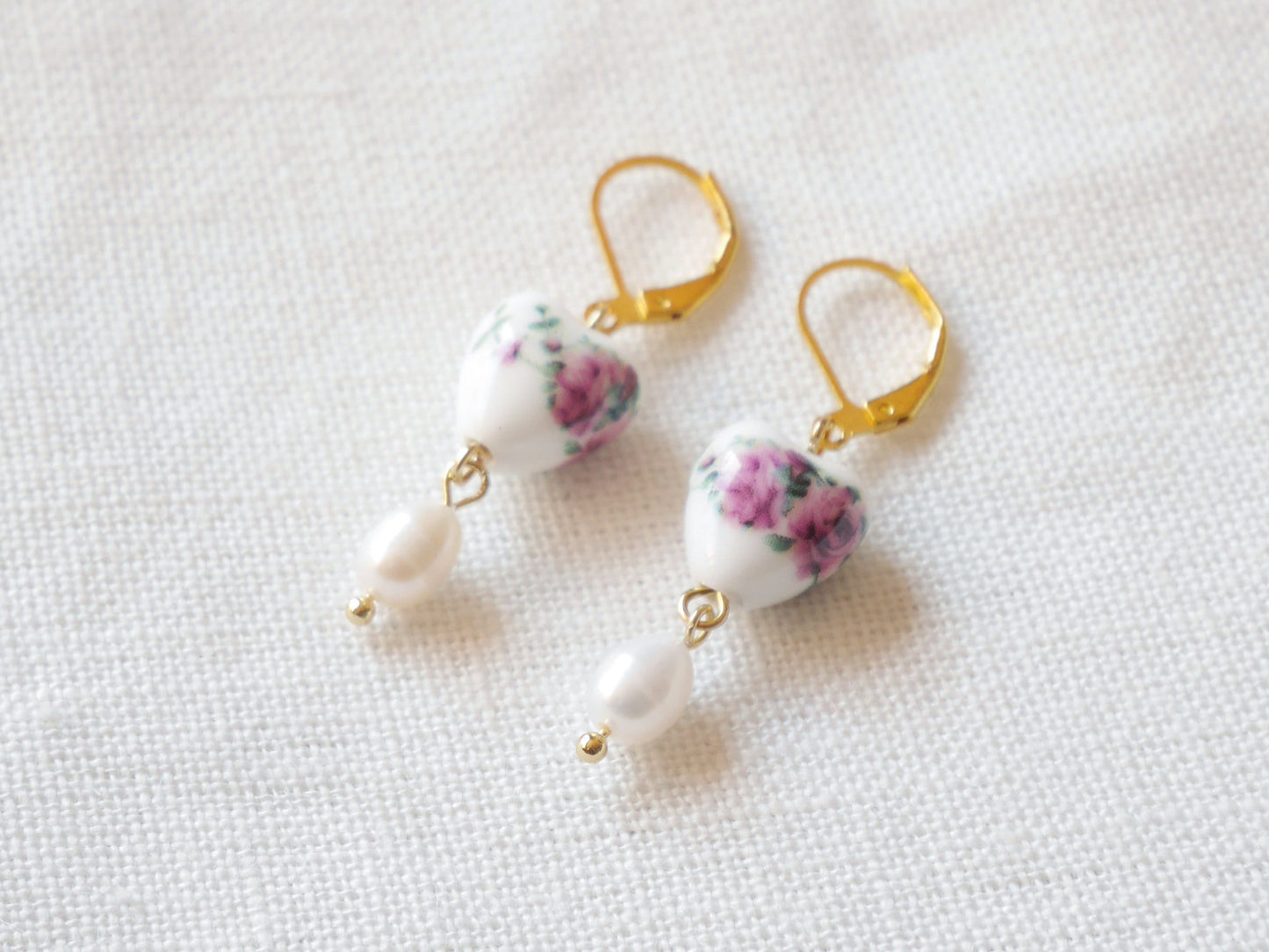 Porcelain rose heart earrings | Ceramic earrings | Porcelain pearl drop earrings | Rose pearl earrings | Romantic lever-back dangle earrings