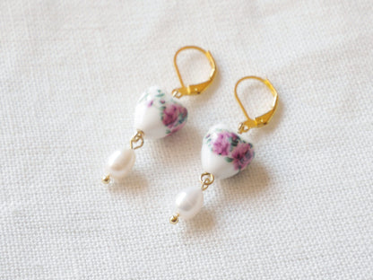 Porcelain rose heart earrings | Ceramic earrings | Porcelain pearl drop earrings | Rose pearl earrings | Romantic lever-back dangle earrings