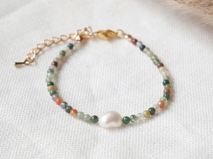 Natural stone beads bracelet with freshwater pearl | Neutral colors agate beaded jewelry | Cute adjustable dainty small bead gift for her