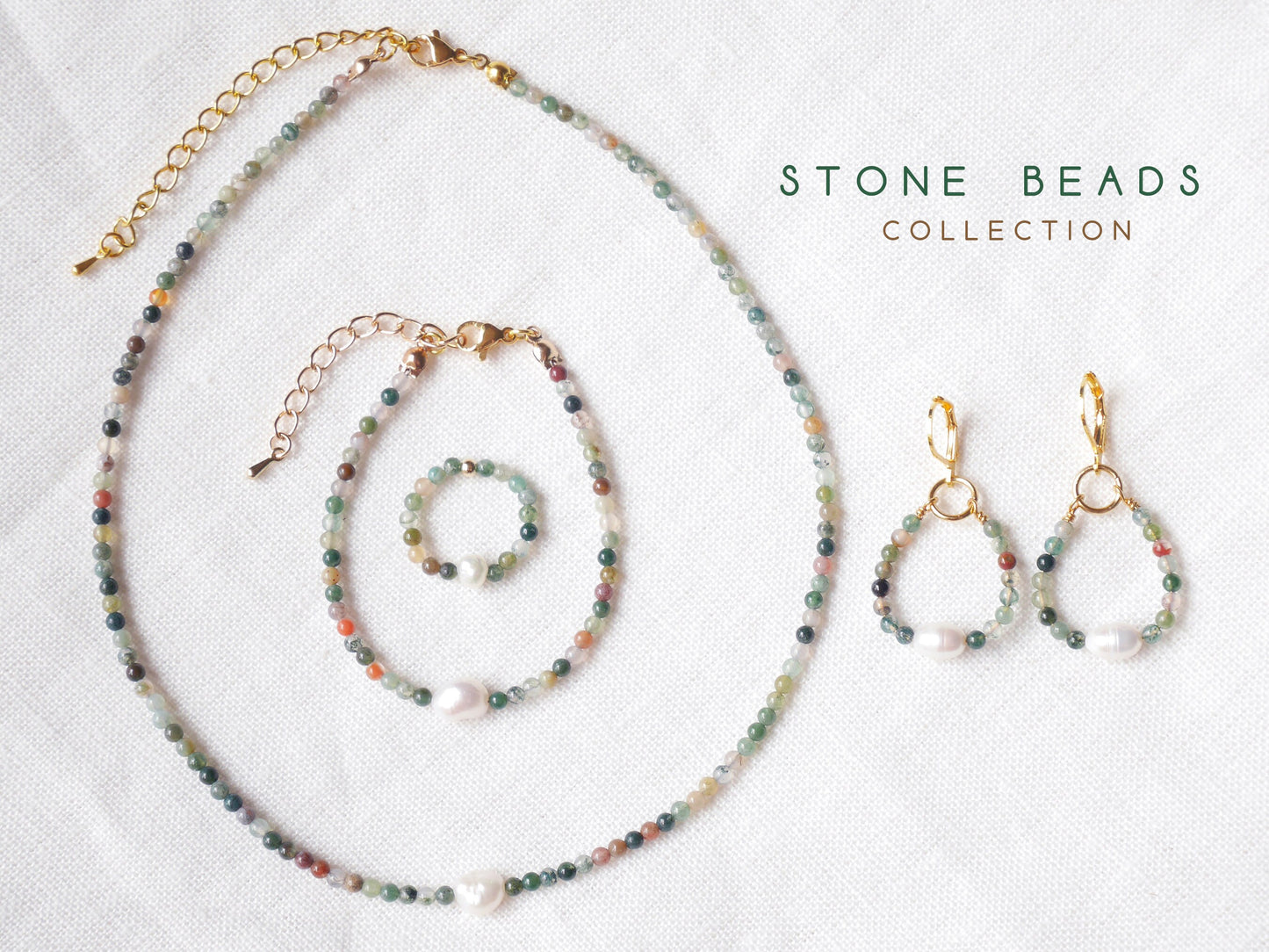 Natural stone beads bracelet with freshwater pearl | Neutral colors agate beaded jewelry | Cute adjustable dainty small bead gift for her