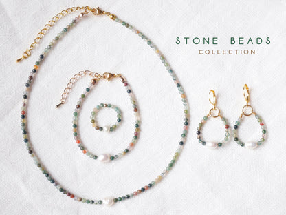 Natural stone beads bracelet with freshwater pearl | Neutral colors agate beaded jewelry | Cute adjustable dainty small bead gift for her