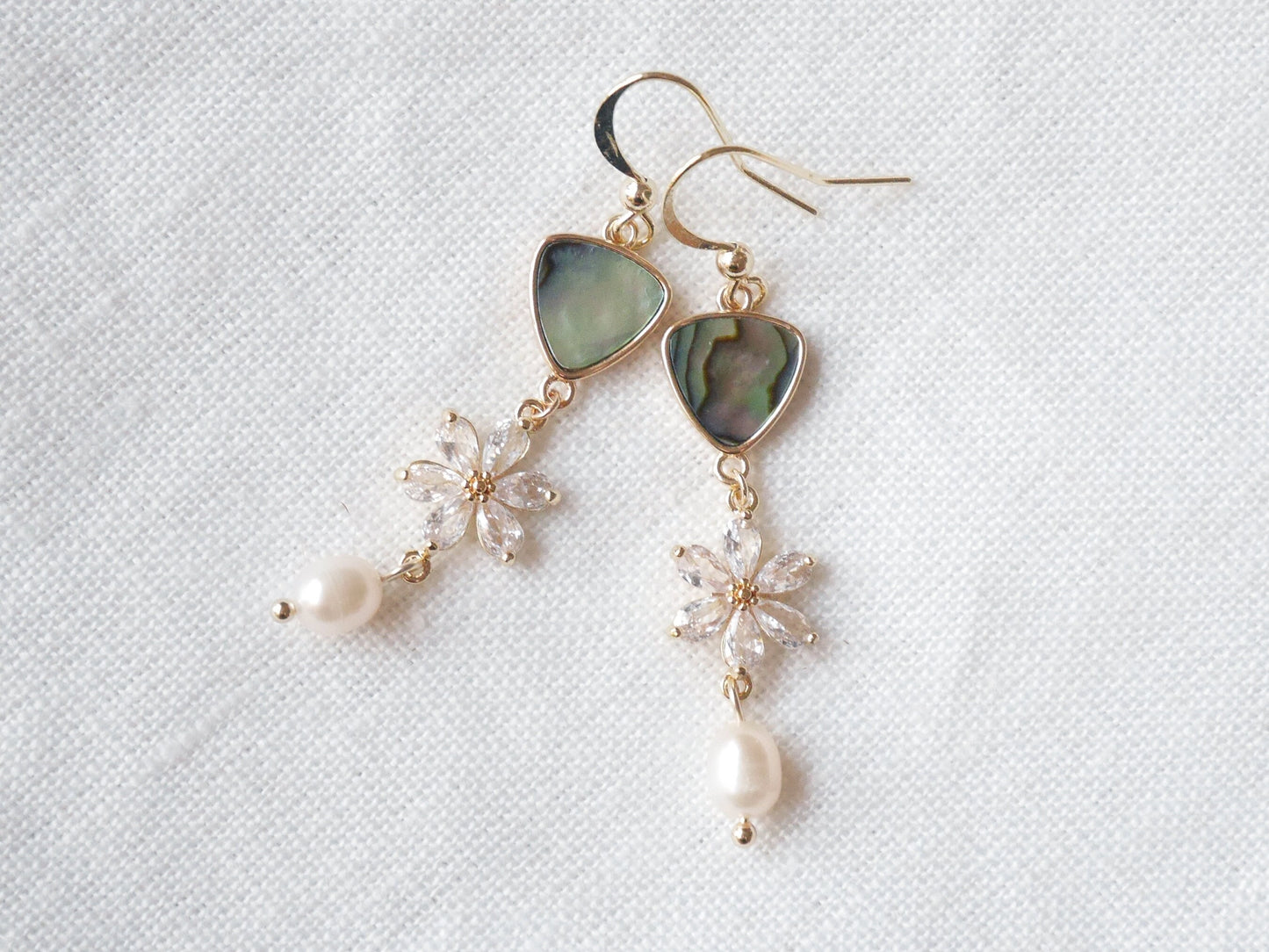 Flower wedding dangle earrings | Unique abalone freshwater pearl earrings | Beautiful long bridal jewelry | Zircon design gift for woman