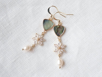 Flower wedding dangle earrings | Unique abalone freshwater pearl earrings | Beautiful long bridal jewelry | Zircon design gift for woman