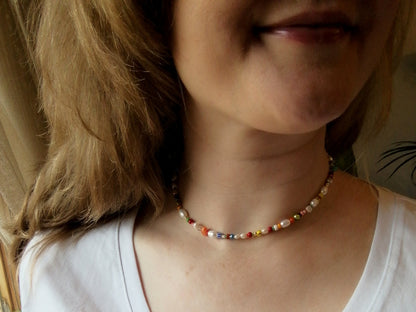 Carnival colorful mixed beads necklace |  beaded choker in vibrant colors | Multicolor handmade pearl and seed bead jewelry gift for her