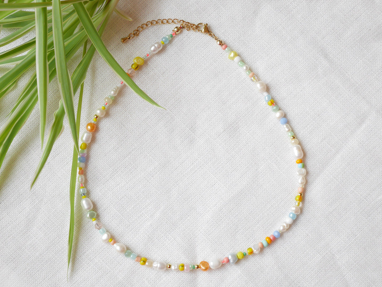 Tropical beads necklace | Exotic colorful beaded choker with pastel color beads | Cute multicolor seed bead jewelry with freshwater pearls