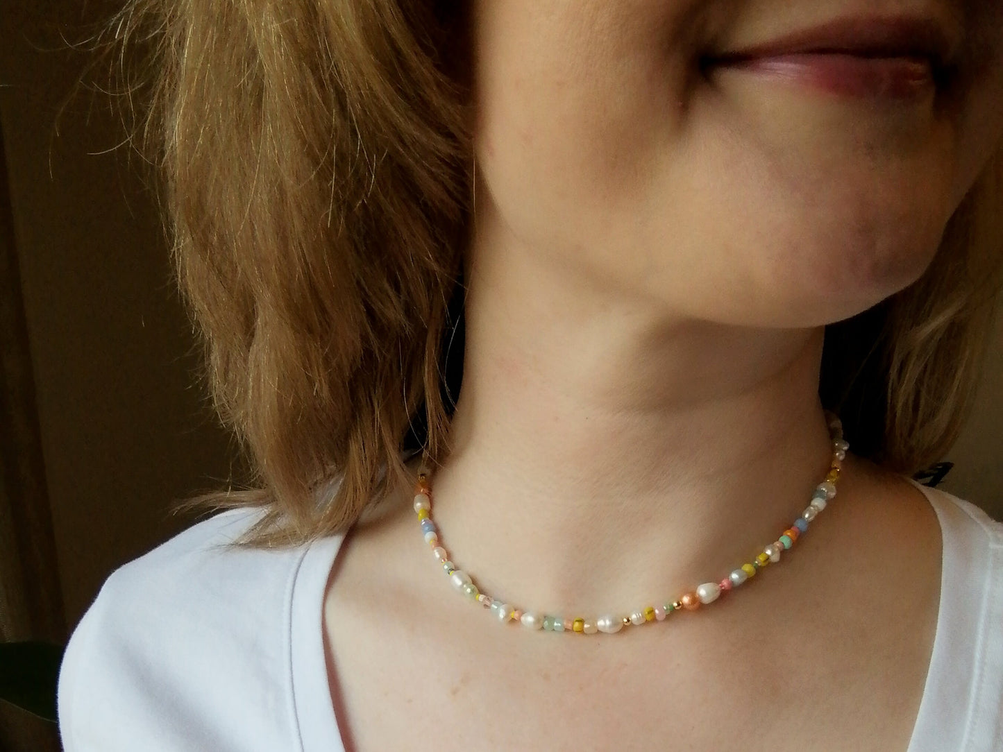 Tropical beads necklace | Exotic colorful beaded choker with pastel color beads | Cute multicolor seed bead jewelry with freshwater pearls