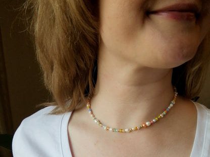 Tropical beads necklace | Exotic colorful beaded choker with pastel color beads | Cute multicolor seed bead jewelry with freshwater pearls
