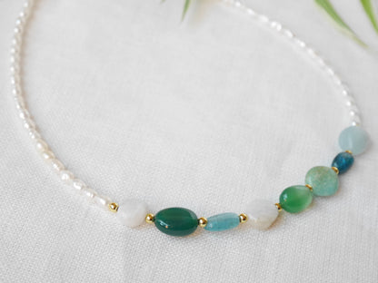 Gemstone pearl necklace | Freshwater pearl necklace with gemstones | Natural stones choker with aquamarine, agate, amazonite, apatite stones