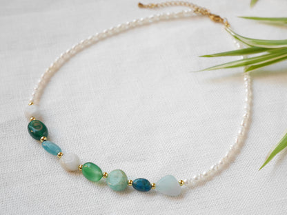 Gemstone pearl necklace | Freshwater pearl necklace with gemstones | Natural stones choker with aquamarine, agate, amazonite, apatite stones