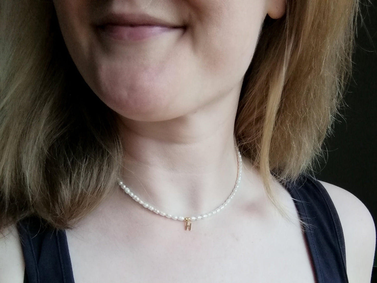 Small pearls initial necklace | Freshwater pearls gold initial charm choker | Custom letter with minimalist dainty real freshwater pearls