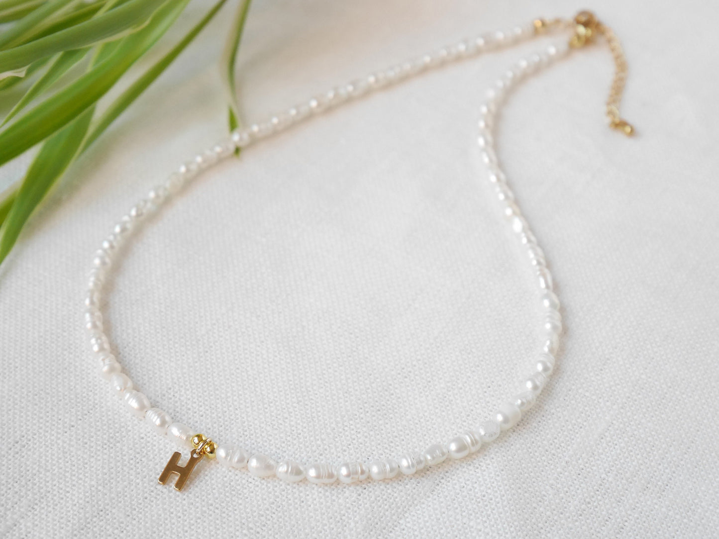 Small pearls initial necklace | Freshwater pearls gold initial charm choker | Custom letter with minimalist dainty real freshwater pearls