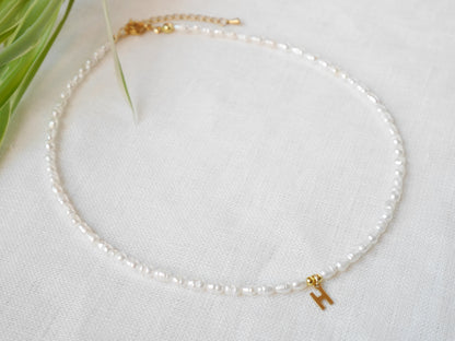 Small pearls initial necklace | Freshwater pearls gold initial charm choker | Custom letter with minimalist dainty real freshwater pearls