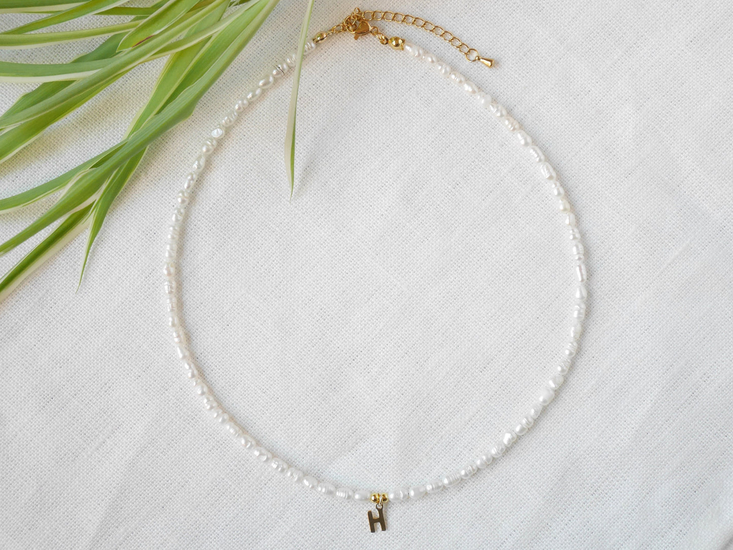 Small pearls initial necklace | Freshwater pearls gold initial charm choker | Custom letter with minimalist dainty real freshwater pearls