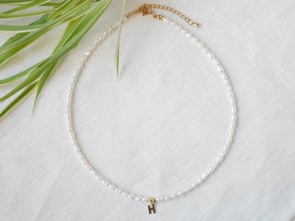 Small pearls initial necklace | Freshwater pearls gold initial charm choker | Custom letter with minimalist dainty real freshwater pearls