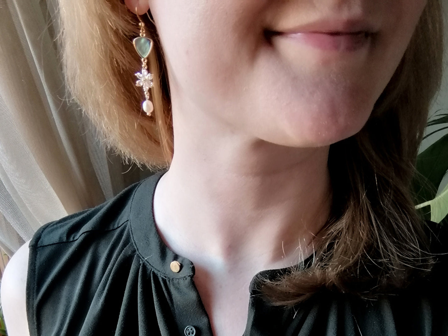 Flower wedding dangle earrings | Unique abalone freshwater pearl earrings | Beautiful long bridal jewelry | Zircon design gift for woman