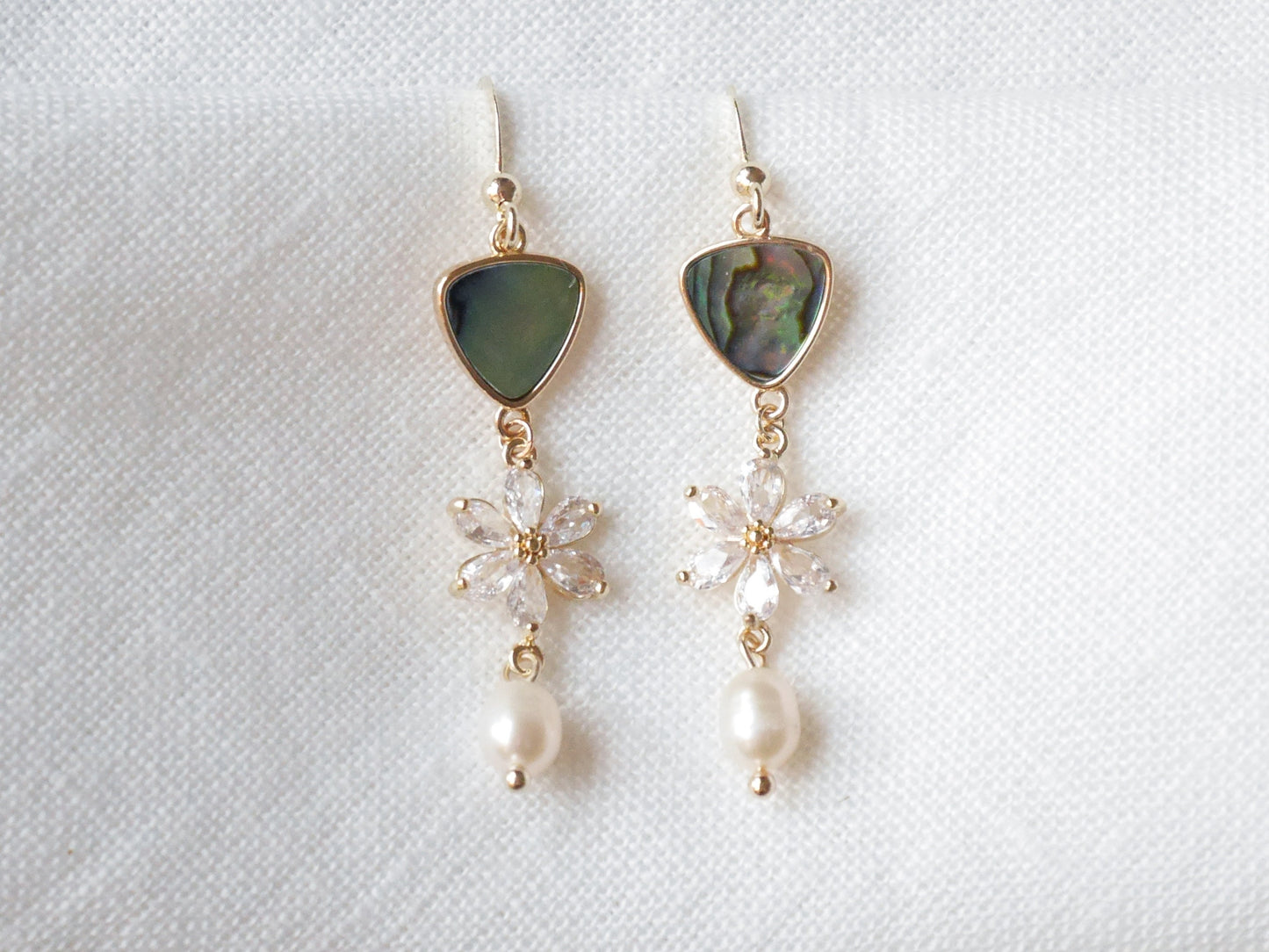 Flower wedding dangle earrings | Unique abalone freshwater pearl earrings | Beautiful long bridal jewelry | Zircon design gift for woman