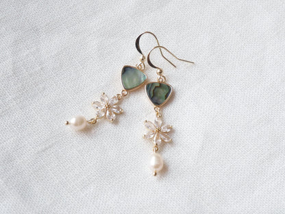 Flower wedding dangle earrings | Unique abalone freshwater pearl earrings | Beautiful long bridal jewelry | Zircon design gift for woman