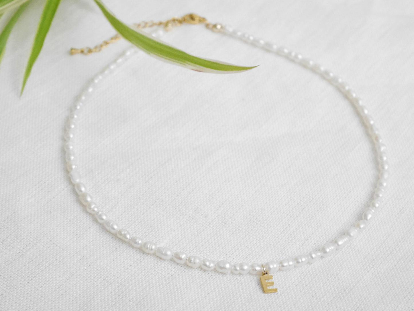 Small pearls initial necklace | Freshwater pearls gold initial charm choker | Custom letter with minimalist dainty real freshwater pearls