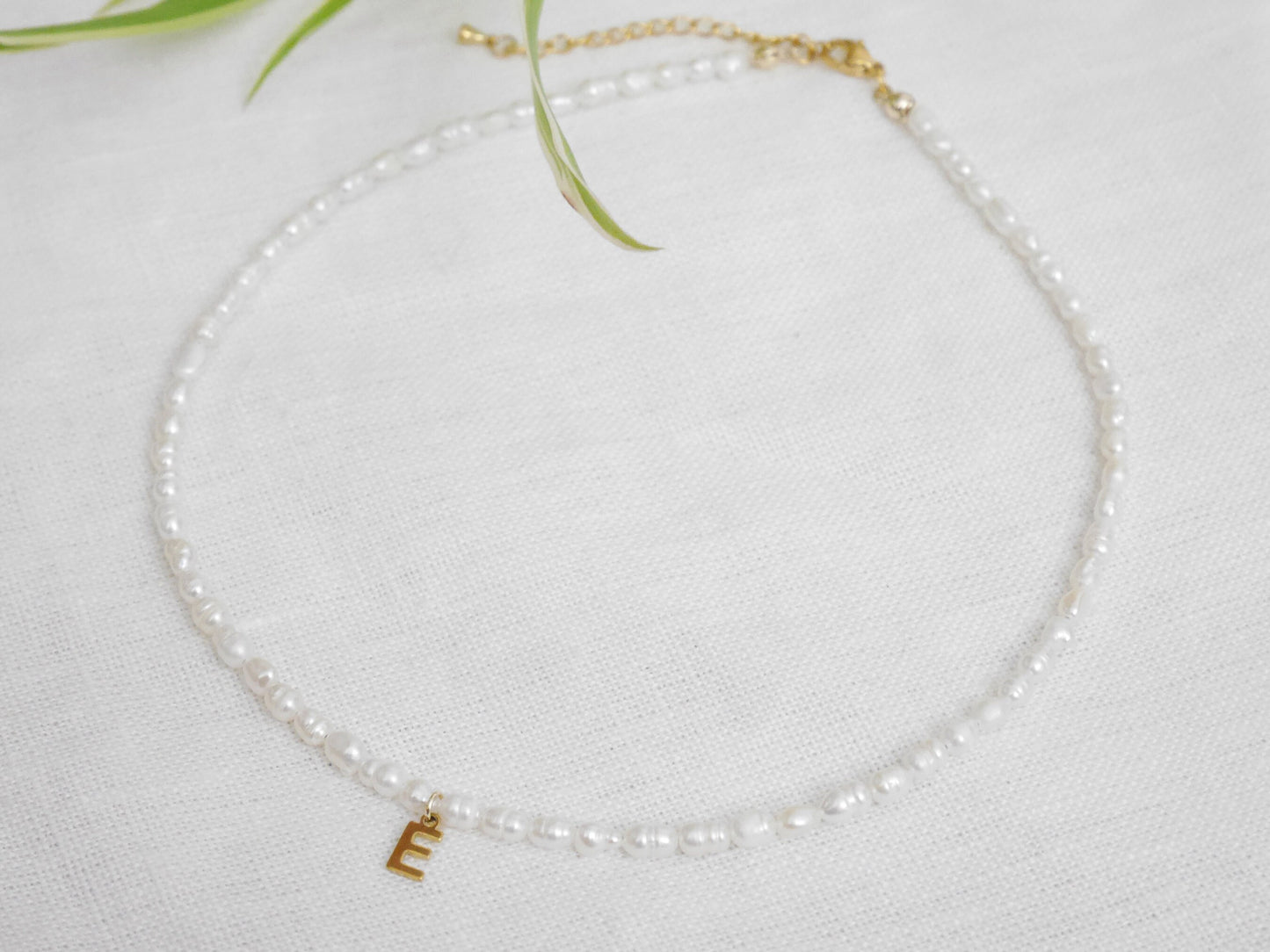 Small pearls initial necklace | Freshwater pearls gold initial charm choker | Custom letter with minimalist dainty real freshwater pearls