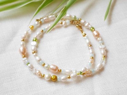 Multicolor pearl necklace – soft pastel freshwater pearl and glass bead choker