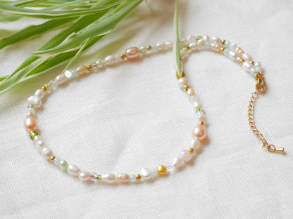 Multicolor pearl necklace – soft pastel freshwater pearl and glass bead choker