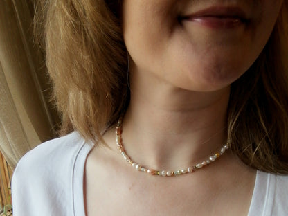 Multicolor pearl necklace – soft pastel freshwater pearl and glass bead choker