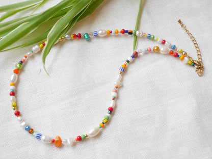 Carnival colorful mixed beads necklace |  beaded choker in vibrant colors | Multicolor handmade pearl and seed bead jewelry gift for her