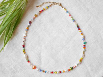 Carnival colorful mixed beads necklace |  beaded choker in vibrant colors | Multicolor handmade pearl and seed bead jewelry gift for her