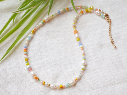 Tropical beads necklace | Exotic colorful beaded choker with pastel color beads | Cute multicolor seed bead jewelry with freshwater pearls