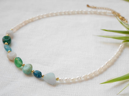 Gemstone pearl necklace | Freshwater pearl necklace with gemstones | Natural stones choker with aquamarine, agate, amazonite, apatite stones