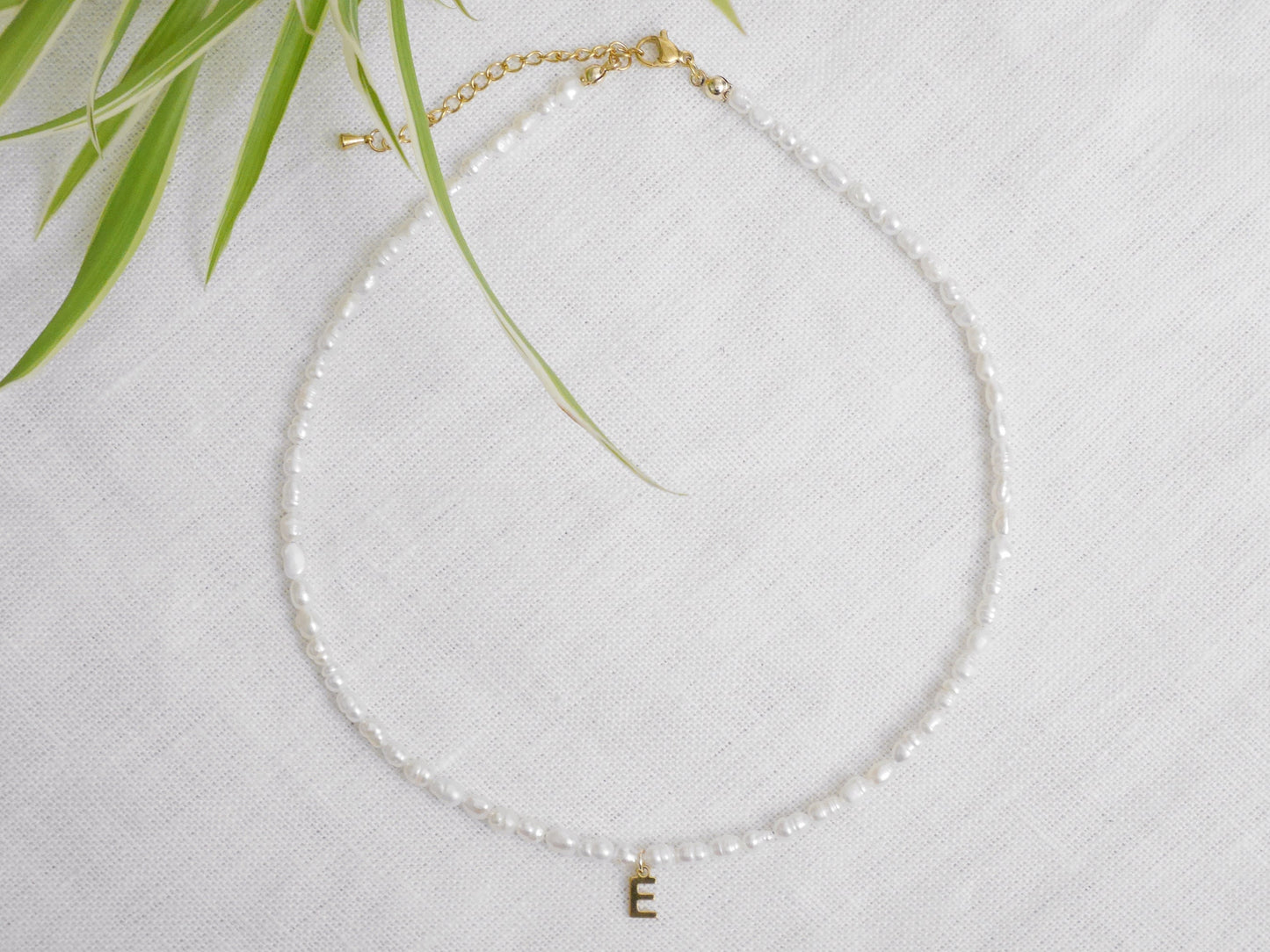 Small pearls initial necklace | Freshwater pearls gold initial charm choker | Custom letter with minimalist dainty real freshwater pearls