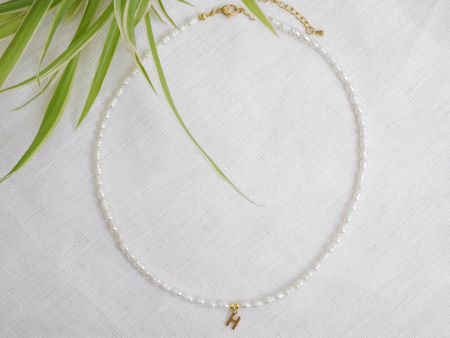 Small pearls initial necklace | Freshwater pearls gold initial charm choker | Custom letter with minimalist dainty real freshwater pearls