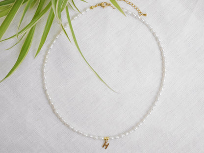Small pearls initial necklace | Freshwater pearls gold initial charm choker | Custom letter with minimalist dainty real freshwater pearls