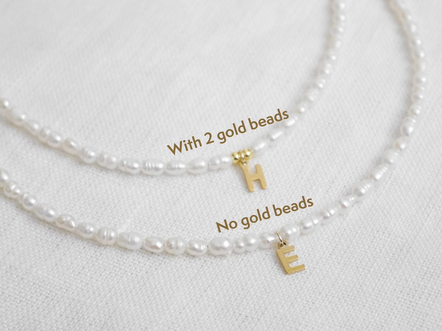 Small pearls initial necklace | Freshwater pearls gold initial charm choker | Custom letter with minimalist dainty real freshwater pearls