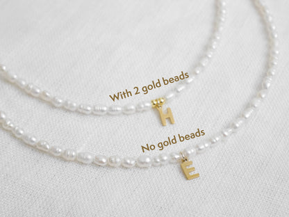 Small pearls initial necklace | Freshwater pearls gold initial charm choker | Custom letter with minimalist dainty real freshwater pearls