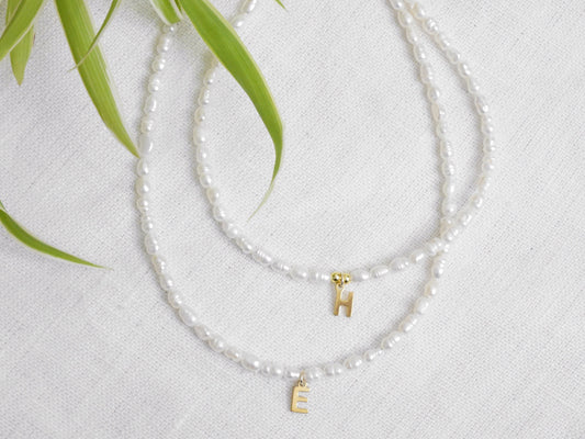 Small pearls initial necklace | Freshwater pearls gold initial charm choker | Custom letter with minimalist dainty real freshwater pearls