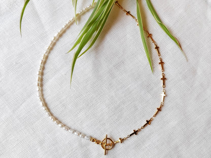 Pearl cross necklace | Half pearl half chain necklace | Dainty cross chain choker with small freshwater pearls | Religious gift for her